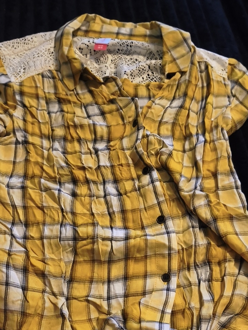 No Boundaries Yellow Plaid Button-Down Shirt with Lace Yoke